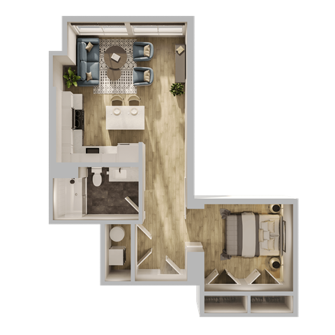 Floor plan for 1 bed, 1 bath, 533 sqft